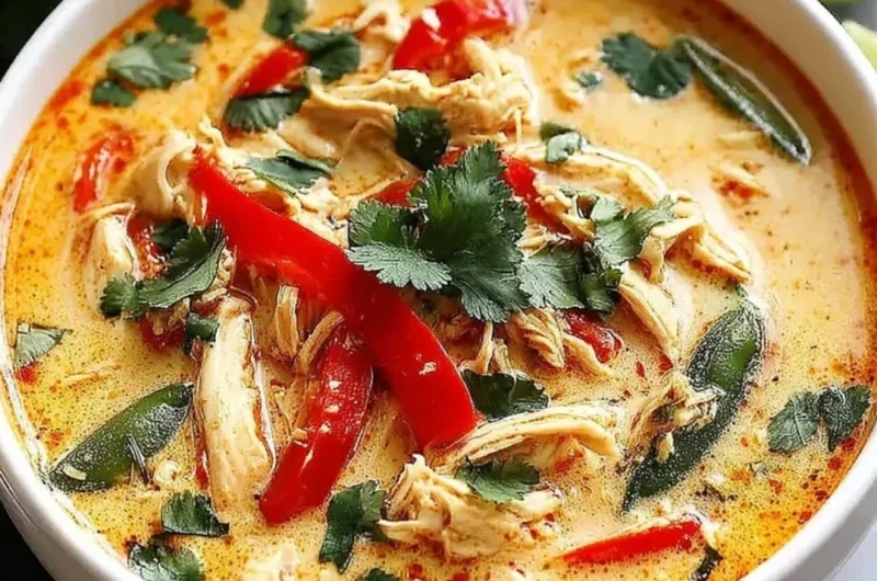 Bowl of Crockpot Thai Coconut Chicken Soup with herbs and spices