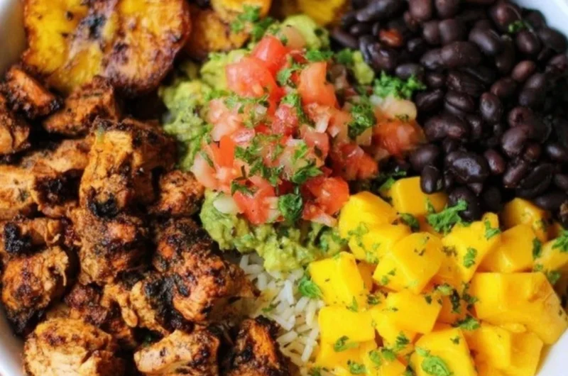 Cuban Chicken with Black Beans and Rice in a flavorful bowl