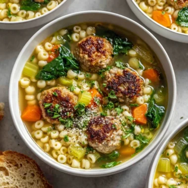 Bowl of easy chicken meatball soup with herbs and vegetables