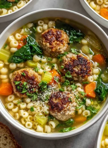 Bowl of easy chicken meatball soup with herbs and vegetables