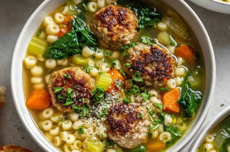 Bowl of easy chicken meatball soup with herbs and vegetables