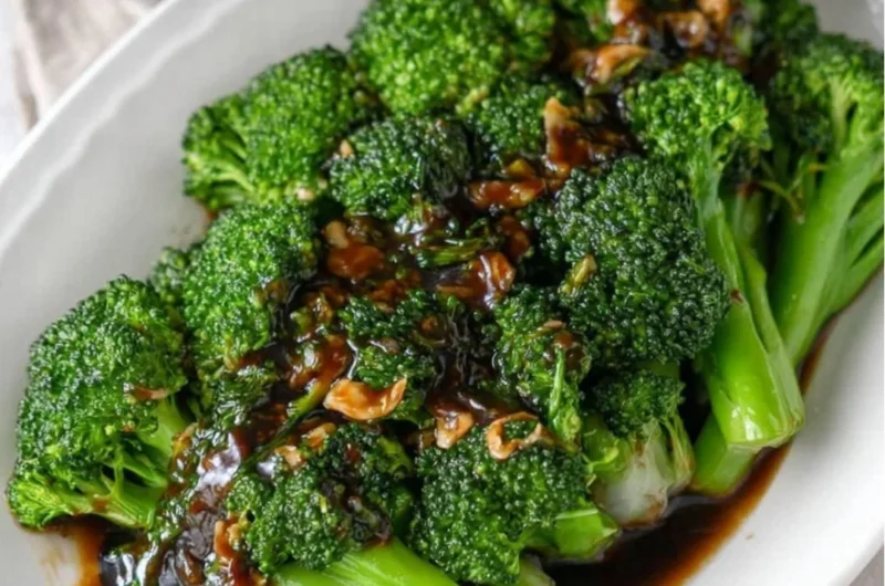 Plate of easy and delicious broccoli with garlic sauce cooked to perfection