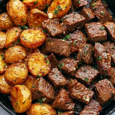 Delicious garlic butter steak bites served with crispy potatoes on a plate