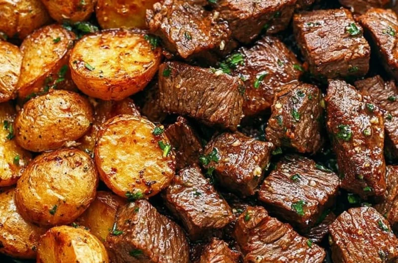 Delicious garlic butter steak bites served with crispy potatoes on a plate