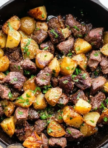Garlic butter steak bites with tender potatoes on a plate