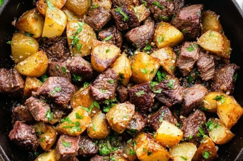 Garlic butter steak bites with tender potatoes on a plate