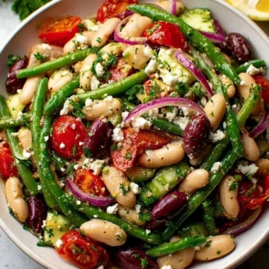 Delicious Greek Bean Salad with lemon marinated beans and fresh vegetables
