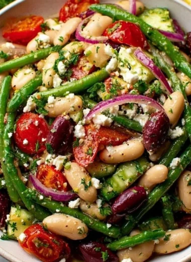 Delicious Greek Bean Salad with lemon marinated beans and fresh vegetables