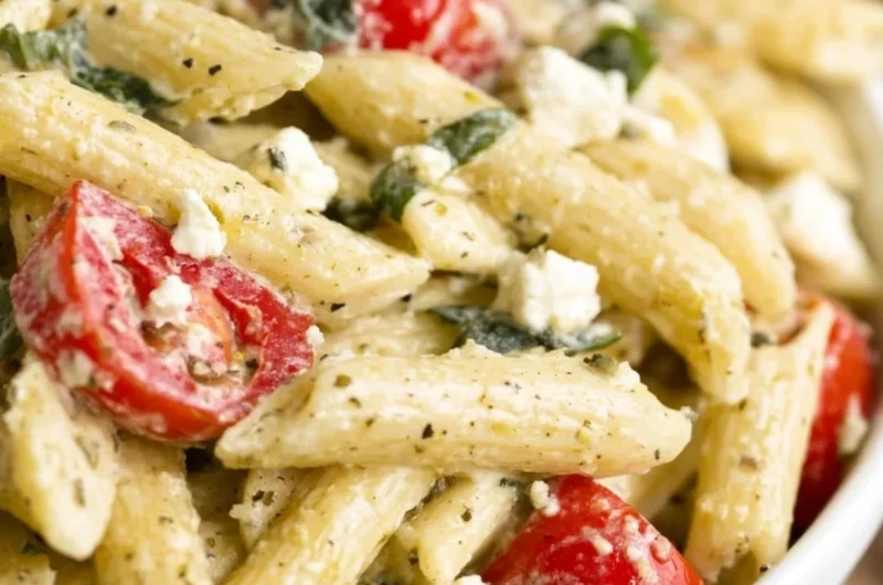 Delicious Greek Pasta Salad with olives, feta, tomatoes, and cucumbers.