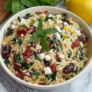 Homemade orzo pasta salad with feta cheese and sun dried tomatoes