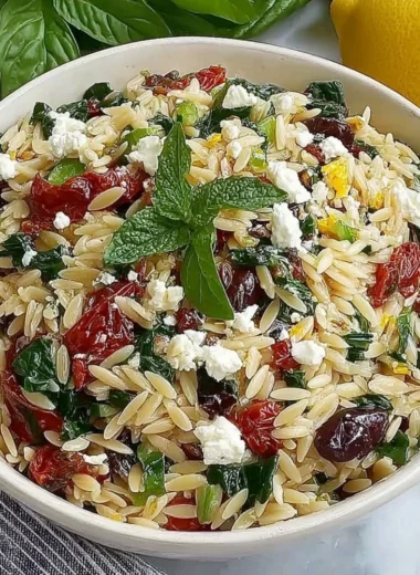 Homemade orzo pasta salad with feta cheese and sun dried tomatoes