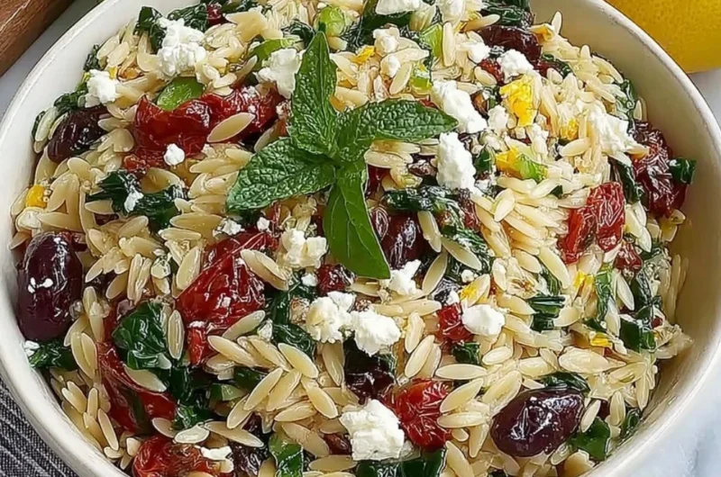 Homemade orzo pasta salad with feta cheese and sun dried tomatoes
