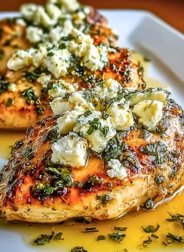 Juicy Greek chicken with lemon and feta served on a plate
