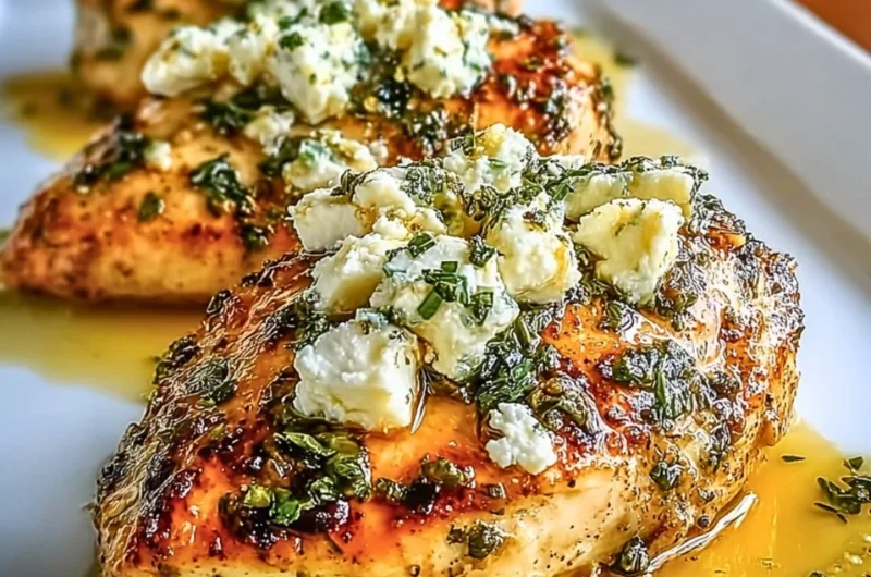 Juicy Greek chicken with lemon and feta served on a plate