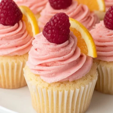 Lemon cupcakes decorated with raspberry buttercream frosting on a plate