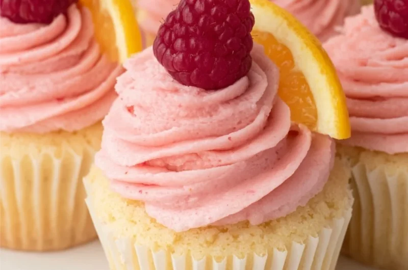 Lemon cupcakes decorated with raspberry buttercream frosting on a plate