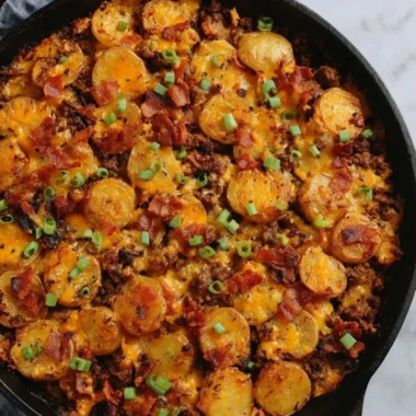 Loaded ground beef and potatoes skillet dish