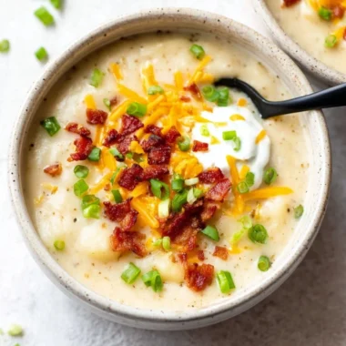 Bowl of loaded potato soup topped with cheese, bacon, and green onions.