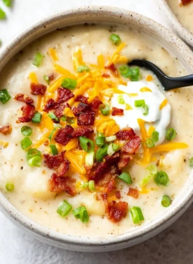 Bowl of loaded potato soup topped with cheese, bacon, and green onions.