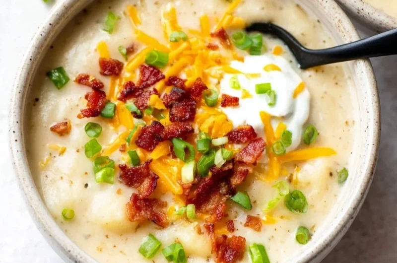 Bowl of loaded potato soup topped with cheese, bacon, and green onions.