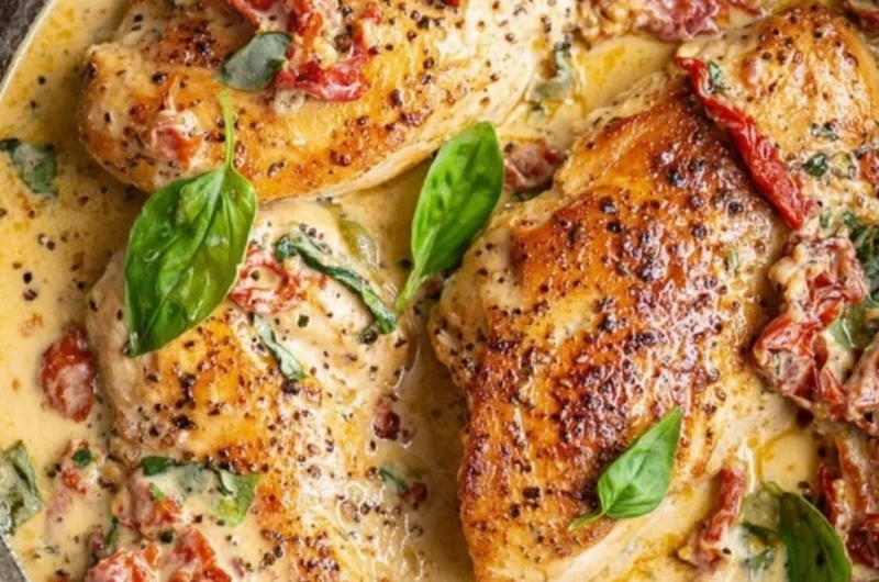 Delicious Marry Me Chicken served with creamy sauce and herbs.