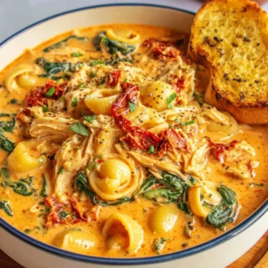 Bowl of Marry Me Tuscan Chicken Soup with herbs and vegetables