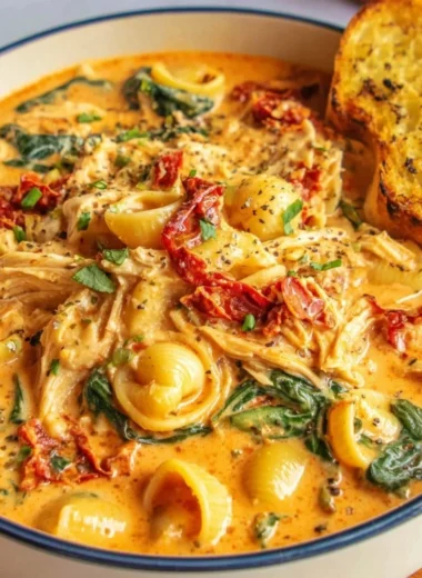 Bowl of Marry Me Tuscan Chicken Soup with herbs and vegetables