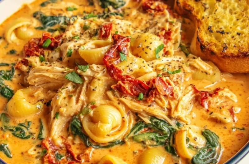 Bowl of Marry Me Tuscan Chicken Soup with herbs and vegetables