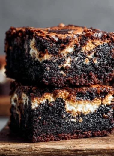 Delicious homemade marshmallow brownies topped with fluffy marshmallows.