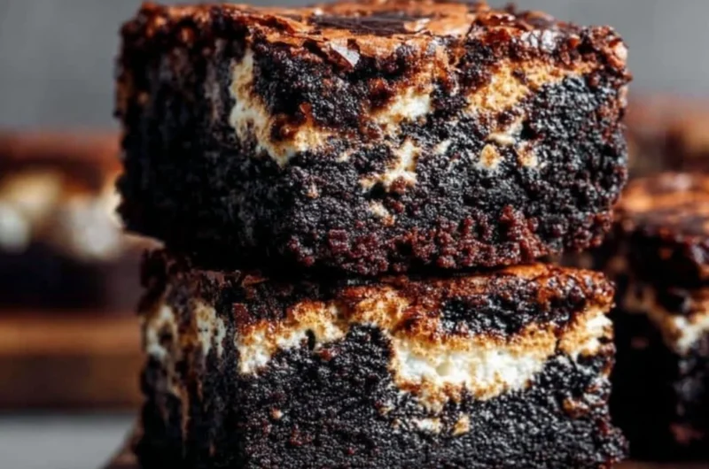 Delicious homemade marshmallow brownies topped with fluffy marshmallows.
