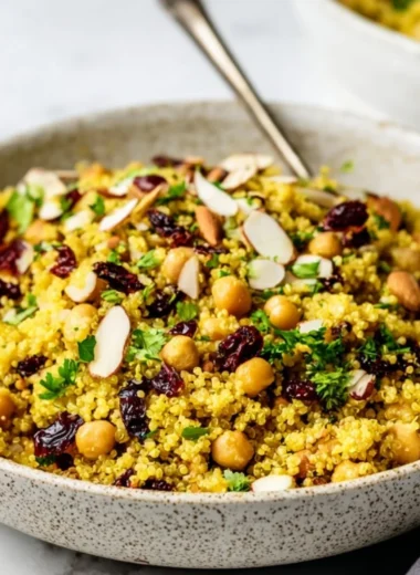 Moroccan-inspired chickpea quinoa salad with vibrant vegetables and spices