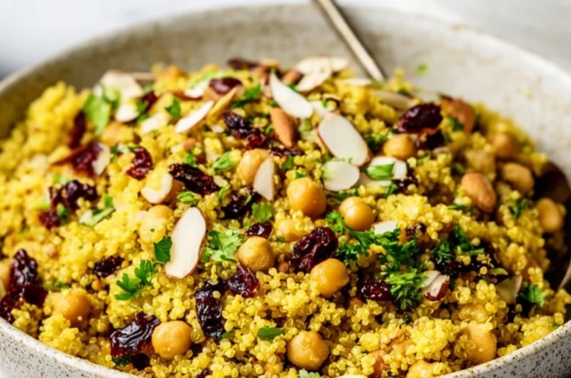 Moroccan-inspired chickpea quinoa salad with vibrant vegetables and spices