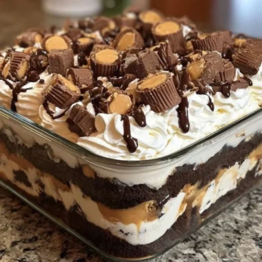 No-bake chocolate peanut butter mousse dessert topped with chocolate shavings.