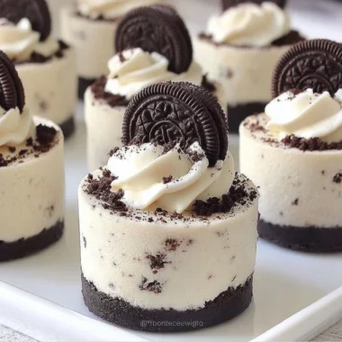 Delicious no-bake Oreo cheesecake topped with Oreo cookie crumbs.