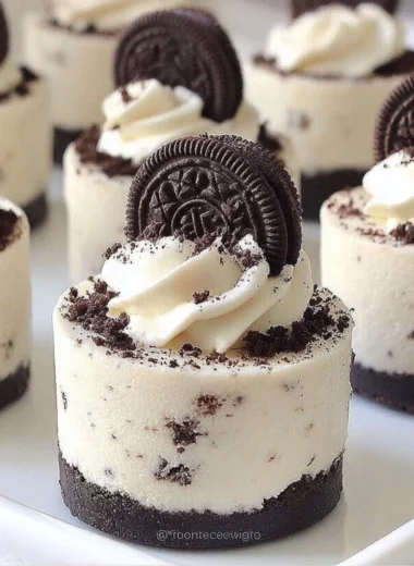 Delicious no-bake Oreo cheesecake topped with Oreo cookie crumbs.