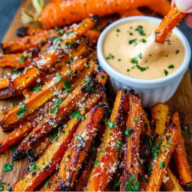 Plate of Parmesan roasted carrot fries garnished with herbs