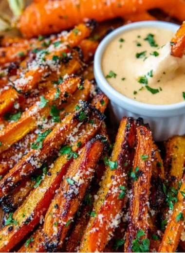 Plate of Parmesan roasted carrot fries garnished with herbs