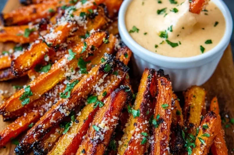 Plate of Parmesan roasted carrot fries garnished with herbs