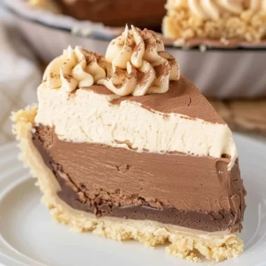 Delicious Peanut Butter Chocolate Cream Pie topped with whipped cream.