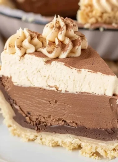 Delicious Peanut Butter Chocolate Cream Pie topped with whipped cream.