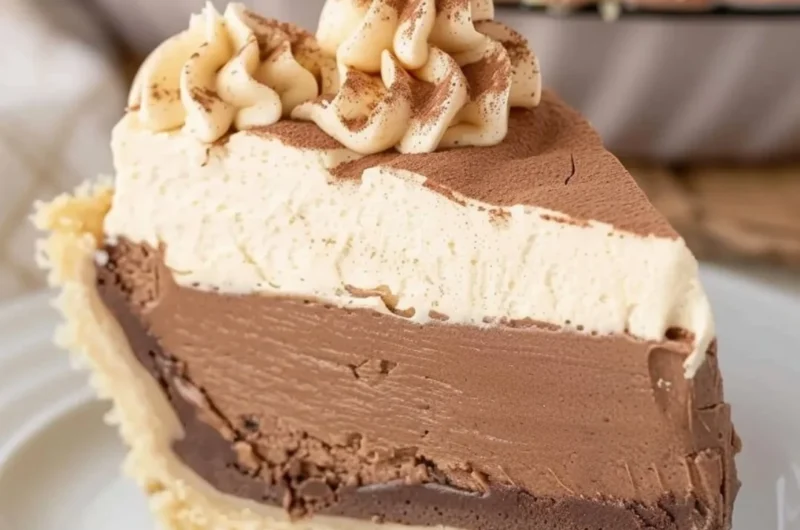 Delicious Peanut Butter Chocolate Cream Pie topped with whipped cream.