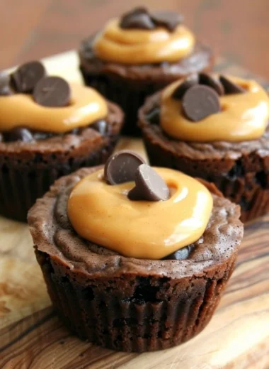 Delicious Peanut Butter Cup Brownies topped with peanut butter cups