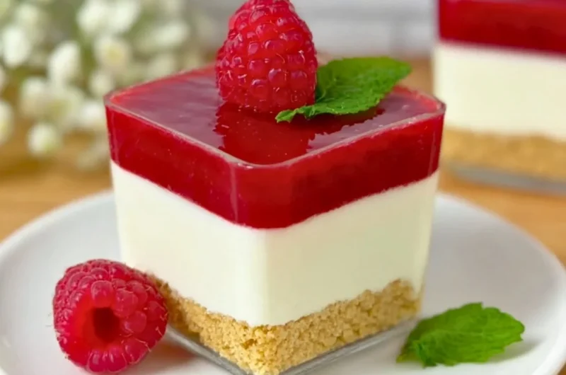 Delicious Raspberry Cheesecake layered in a glass with fresh raspberries