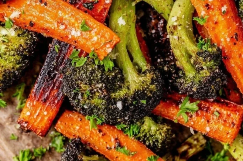 Delicious roasted broccoli and carrots served on a plate.