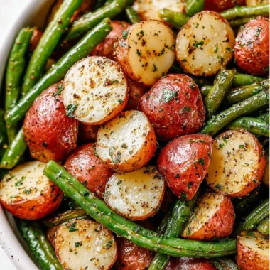 A plate of roasted potatoes served with green beans, showcasing a tasty side dish.