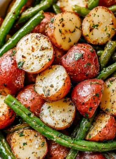 A plate of roasted potatoes served with green beans, showcasing a tasty side dish.