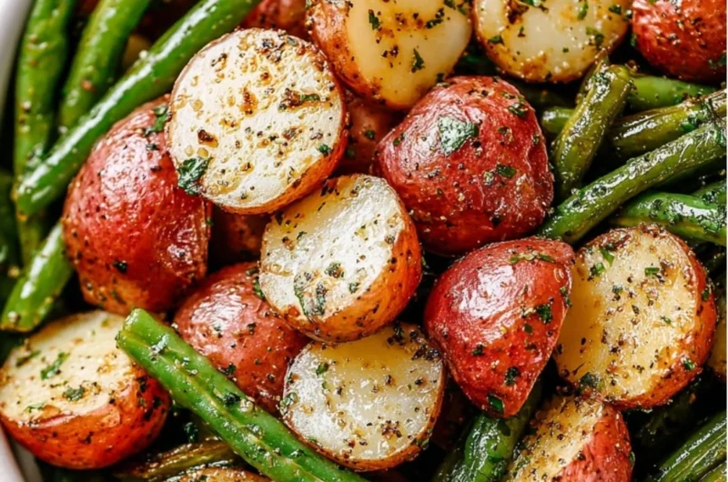 A plate of roasted potatoes served with green beans, showcasing a tasty side dish.