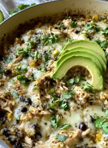 Salsa Verde Chicken & Rice Skillet served in a colorful dish