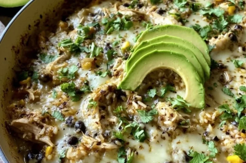 Salsa Verde Chicken & Rice Skillet served in a colorful dish