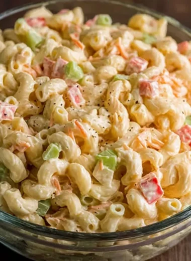 Delicious Small Macaroni Salad in a bowl with colorful veggies
